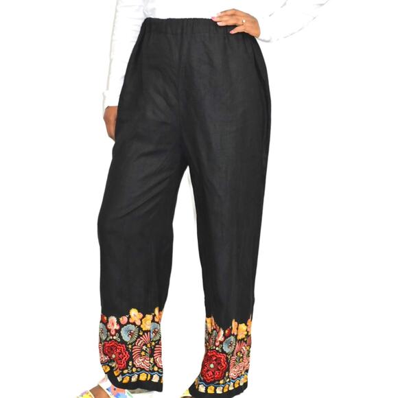 Black Linen Pant Embroidery Border Hem Floral Elastic High Waist Straight Medium - Picture 10 of 14
